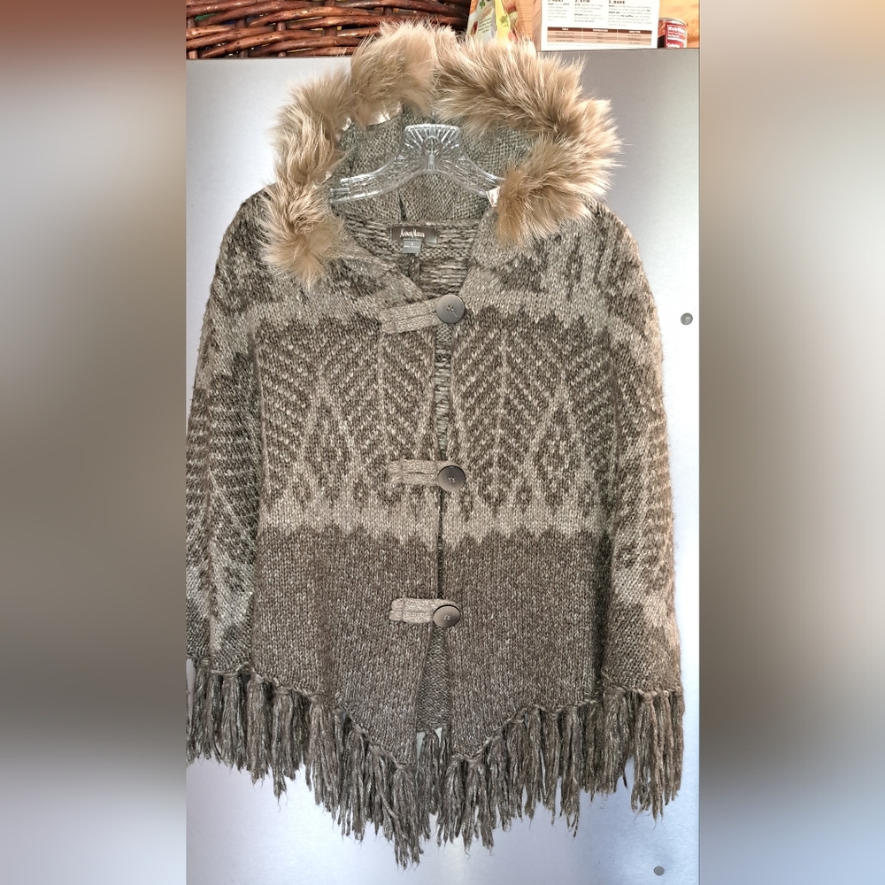 Neiman Marcus Shawl Poncho Fox Fur Hood Trimming Cozy Winter Tassled Small